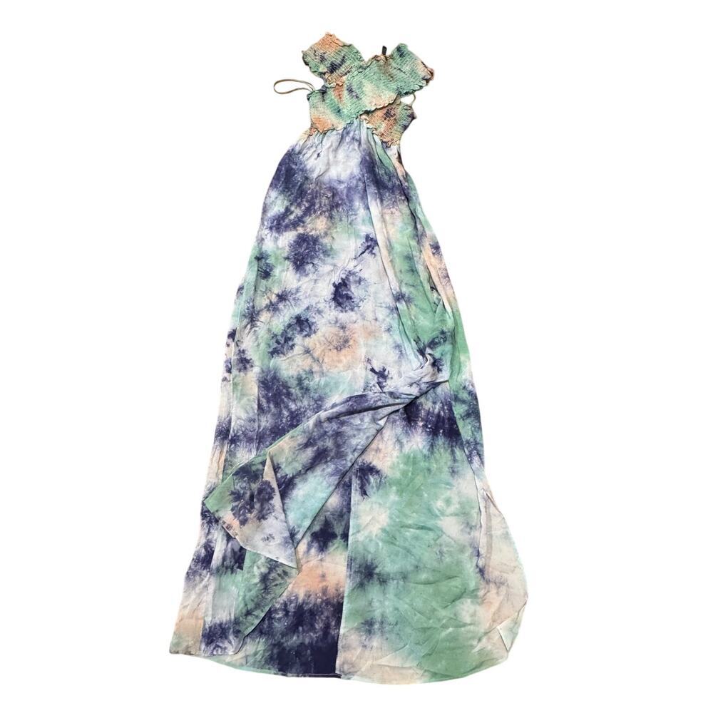 AQUA Tie Dye Maxi Dress Size Small Blue Green Smocked Ruffle Boho Side Slit - Picture 7 of 7